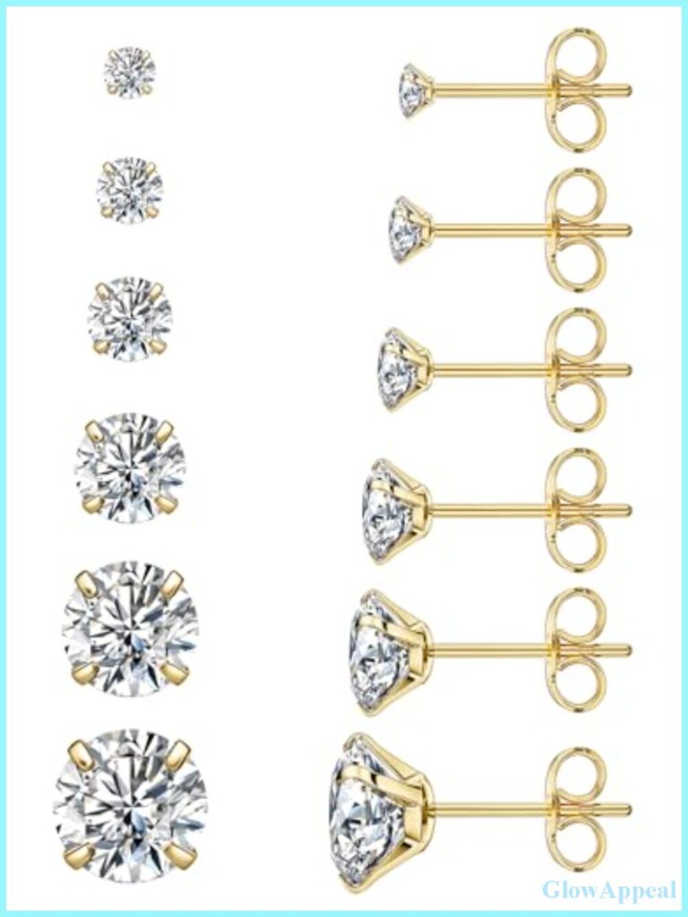 6 Pairs Stud Earrings Set Hypoallergenic Cubic Zirconia 316L Stainless Steel CZ